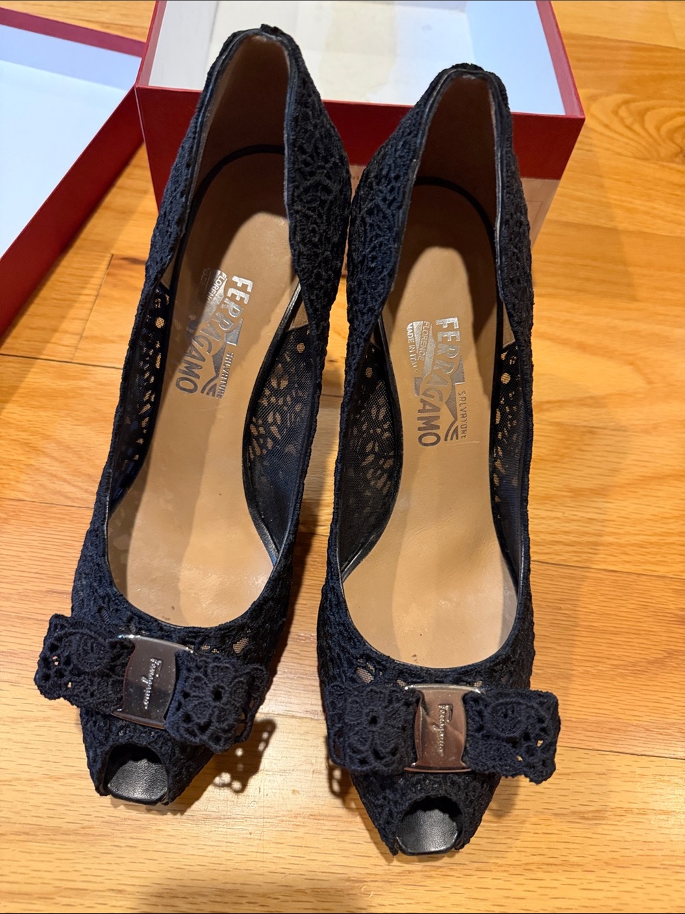 Salvatore Ferragamo Black Lace Peep-Toe Heels with Bow Plaque
